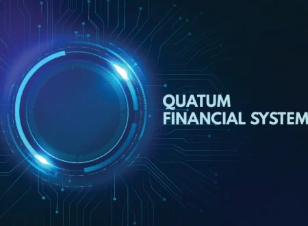 Quantum Financial System logo on a futuristic digital background.